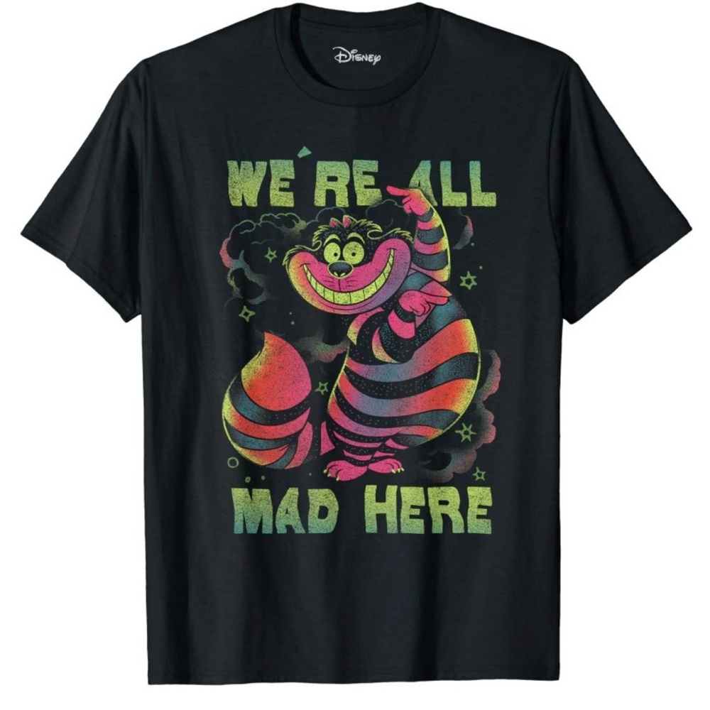 Disney Black Tee with Neon Cheshire Cat and 'We're All Mad Here' Graphic
